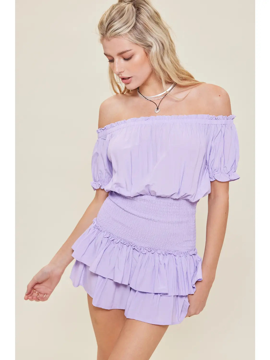 Lavender Off Shoulder Ruffled Romper