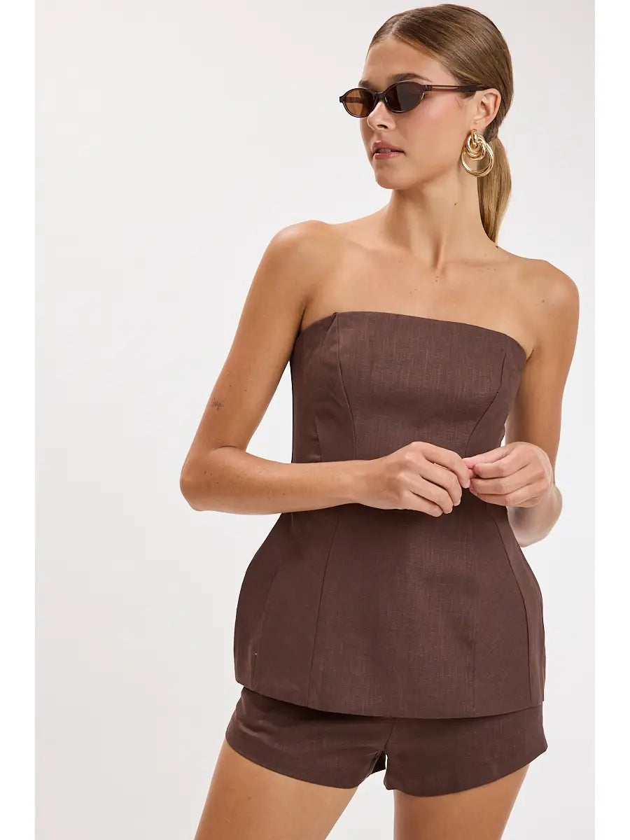 Brown Linen Deep Color Tube Top & Shorts