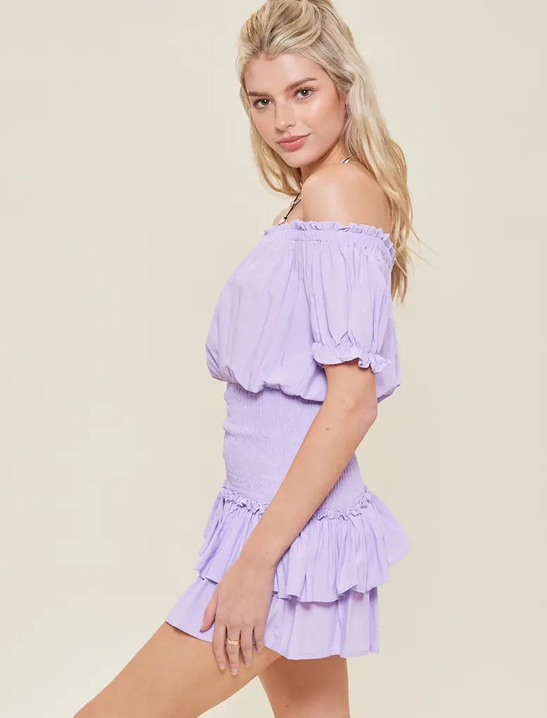 Lavender Off Shoulder Ruffled Romper