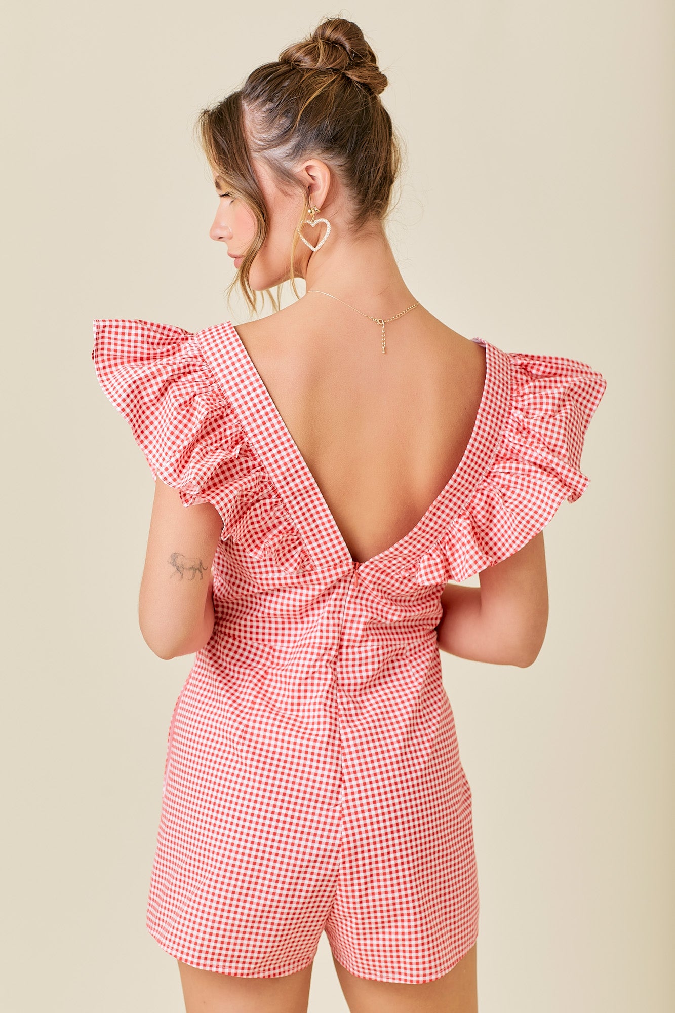 Red Gingham Romper W/ Ruffle Sleeves