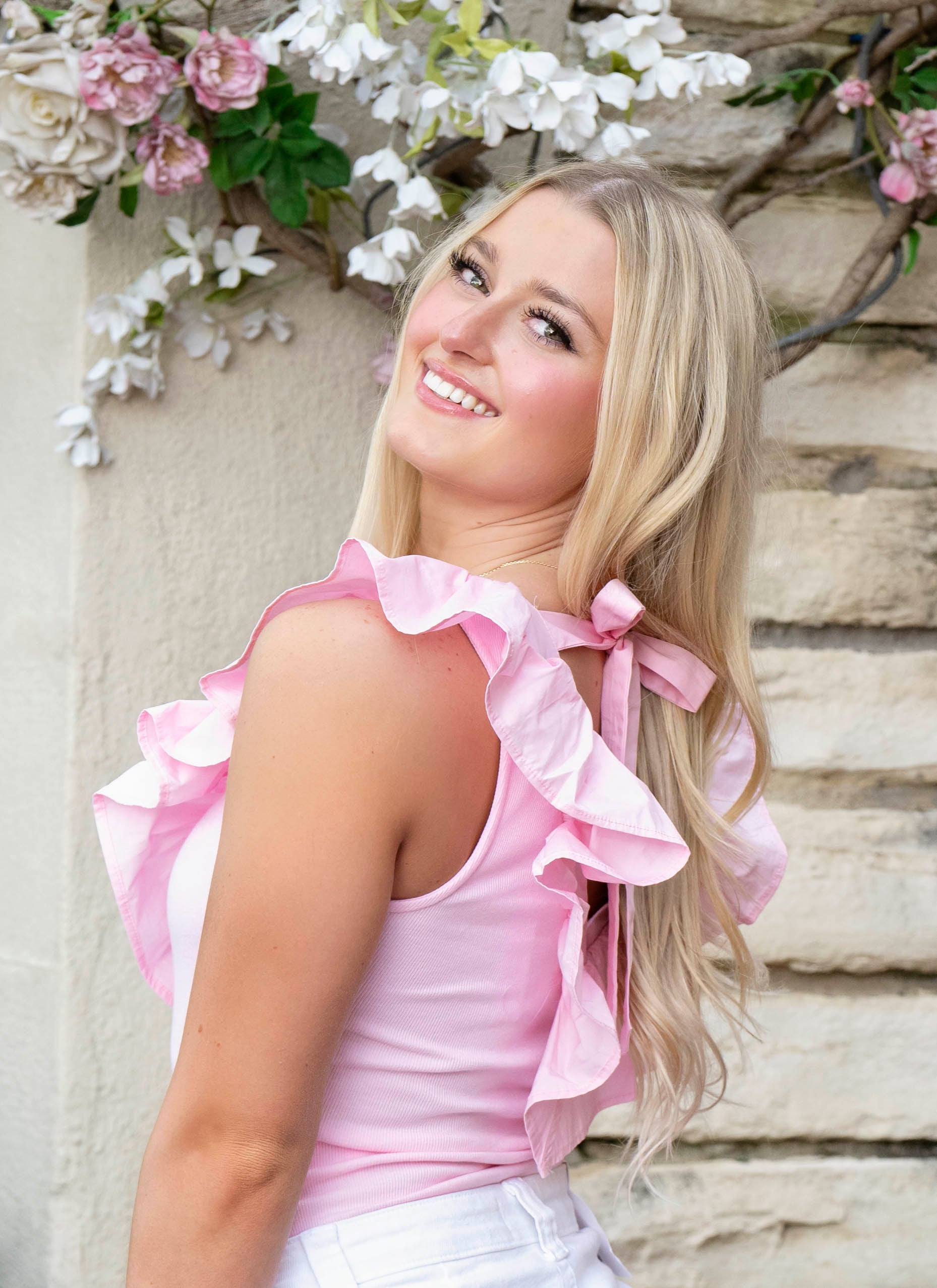 Pink Ruffle Bodysuit With Tie At Back