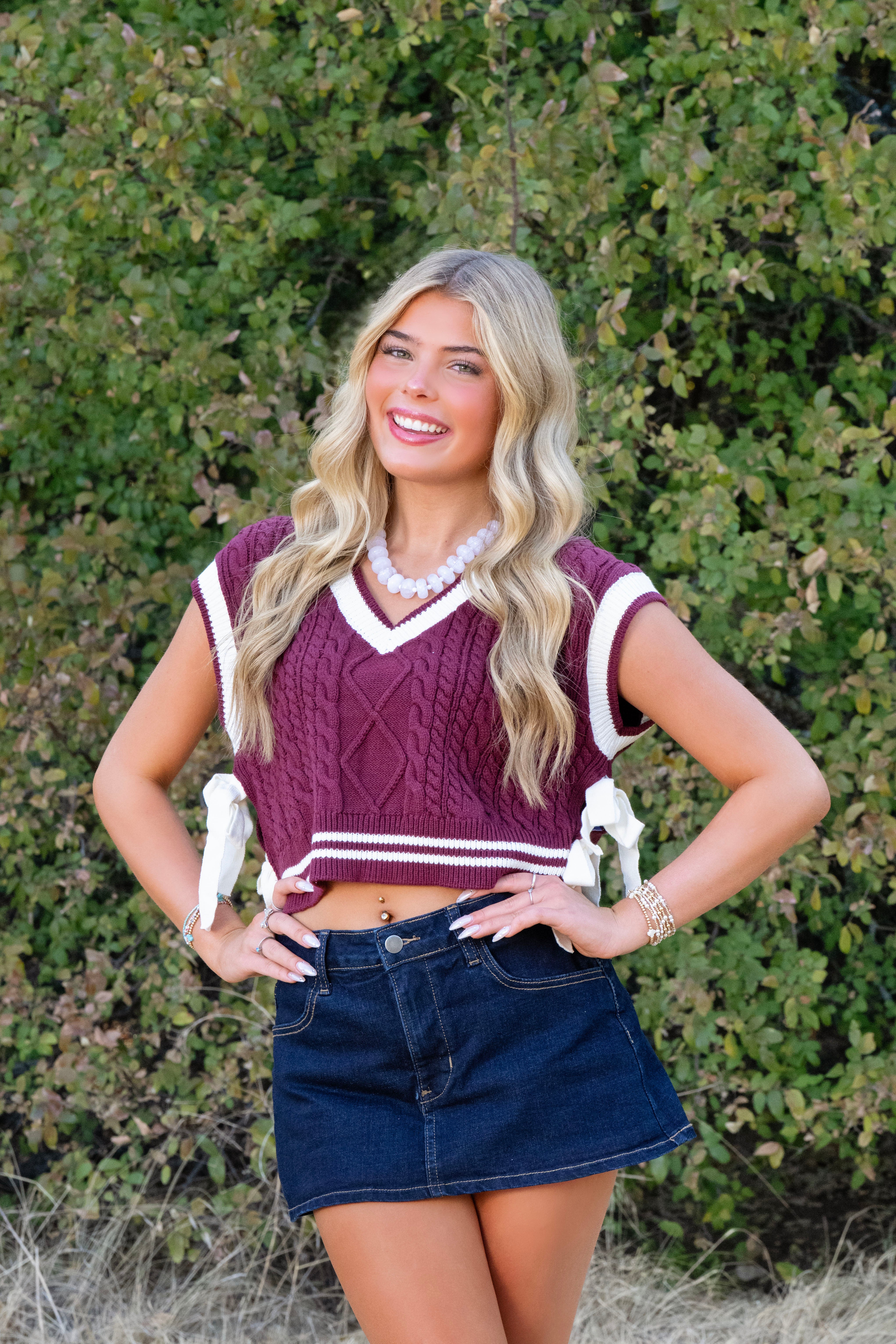 Burgundy V Neck Sweater w/ Side Ties
