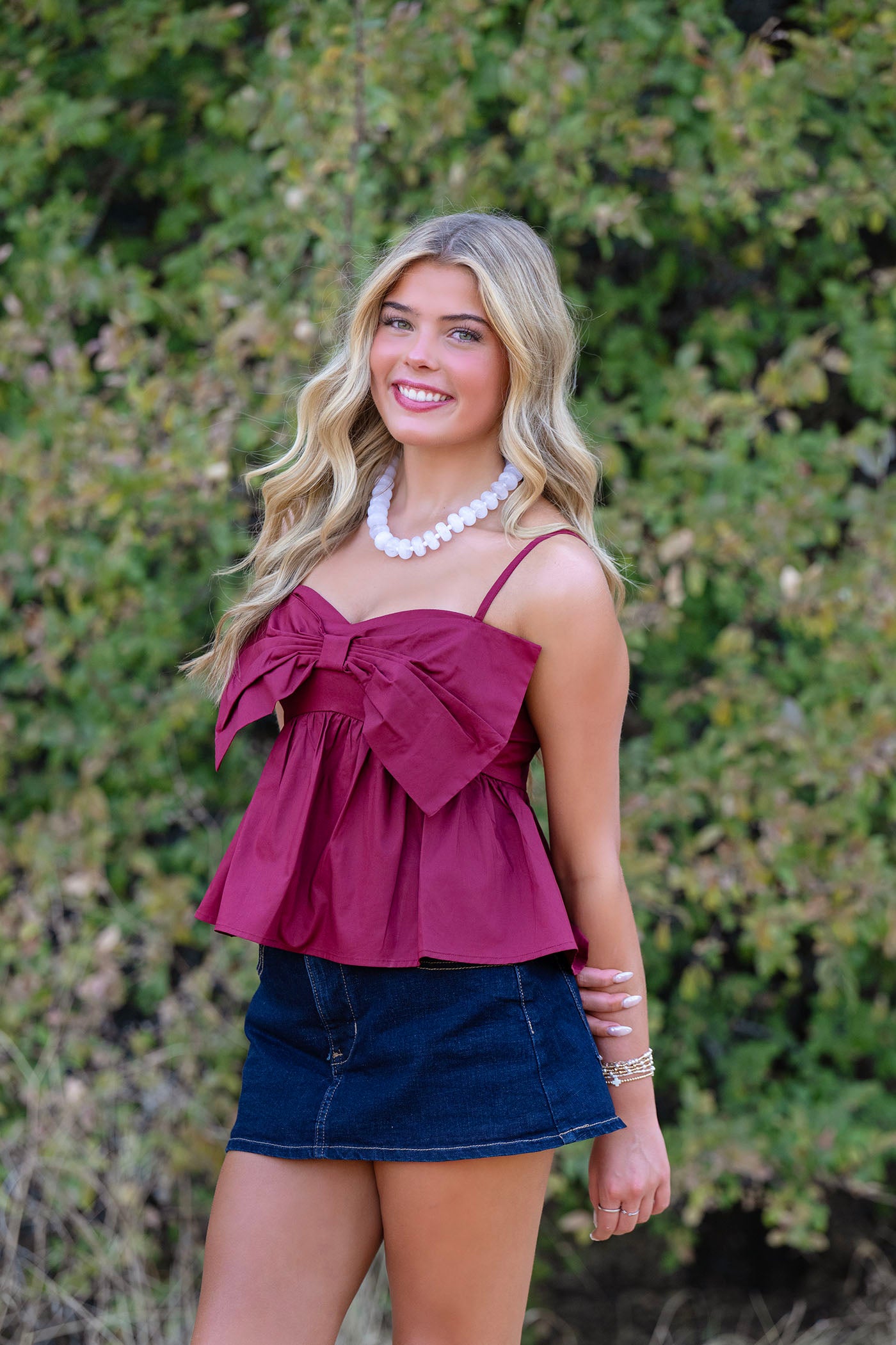 Burgandy Babydoll Top w/ Bow Detail