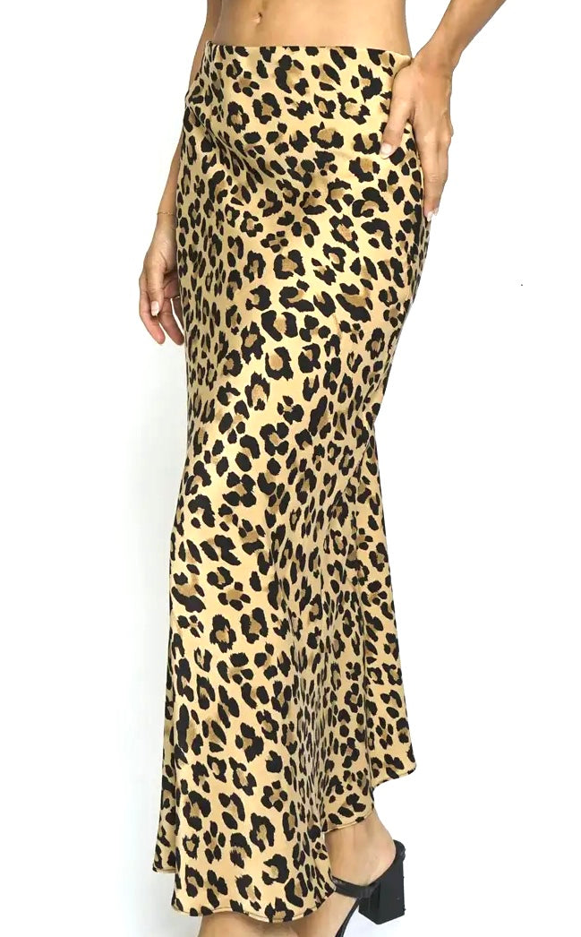 Satin Leopard Print Maxi Skirt