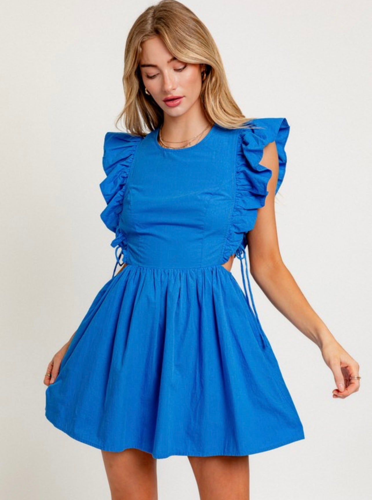 Blue Ruffle Cut Out Mini Dress