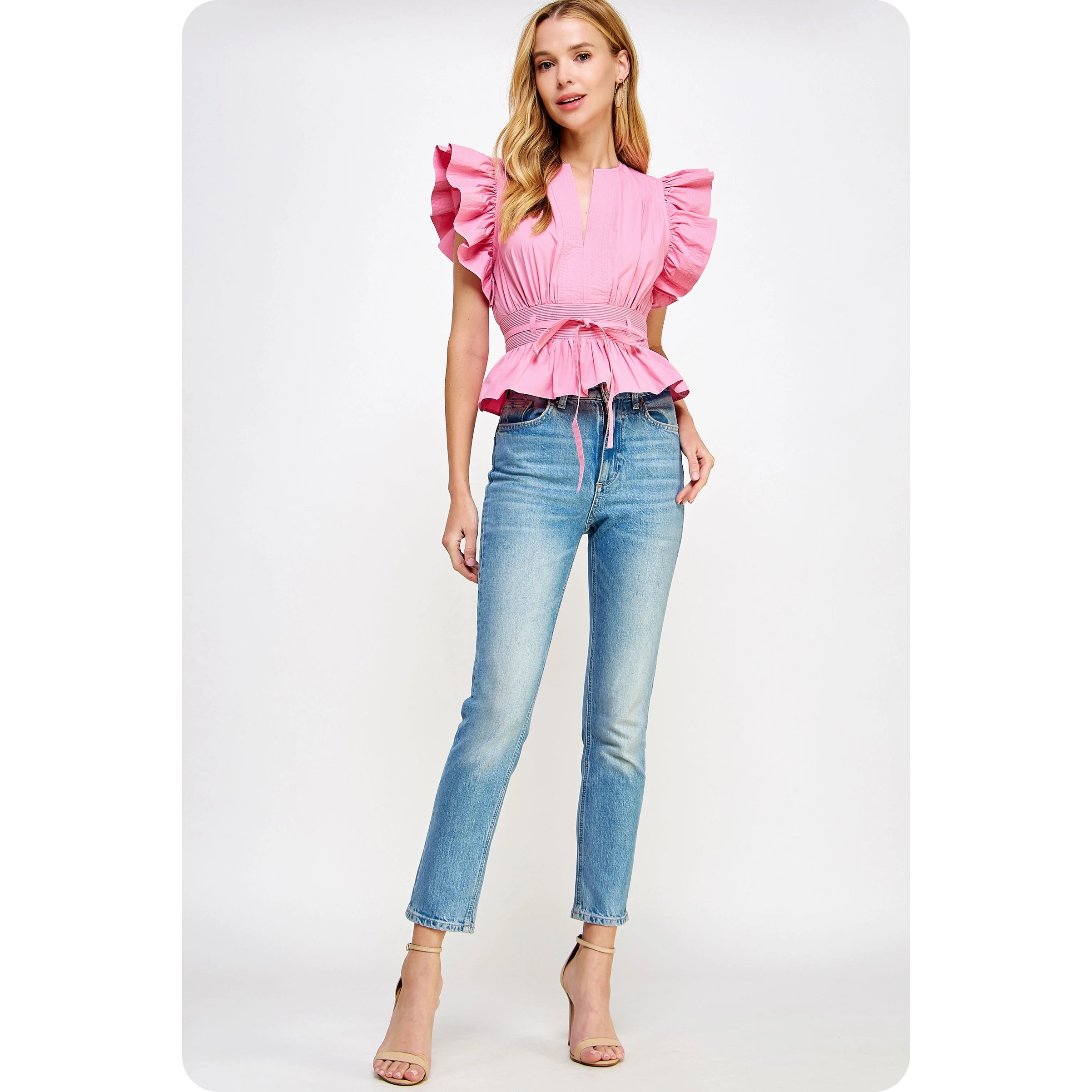 Pink Flutter Sleeve Peplum Poplin Top Pink