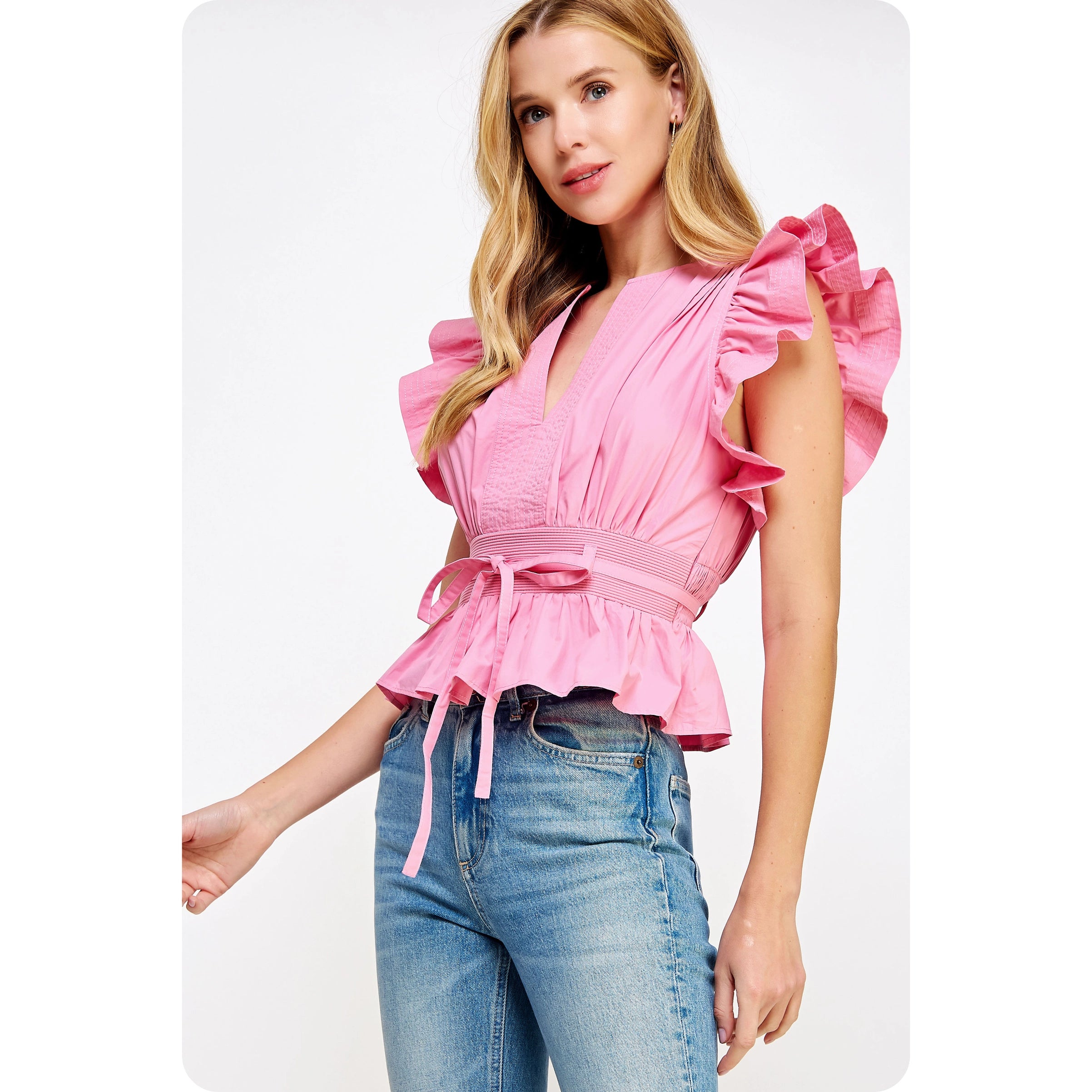 Pink Flutter Sleeve Peplum Poplin Top Pink