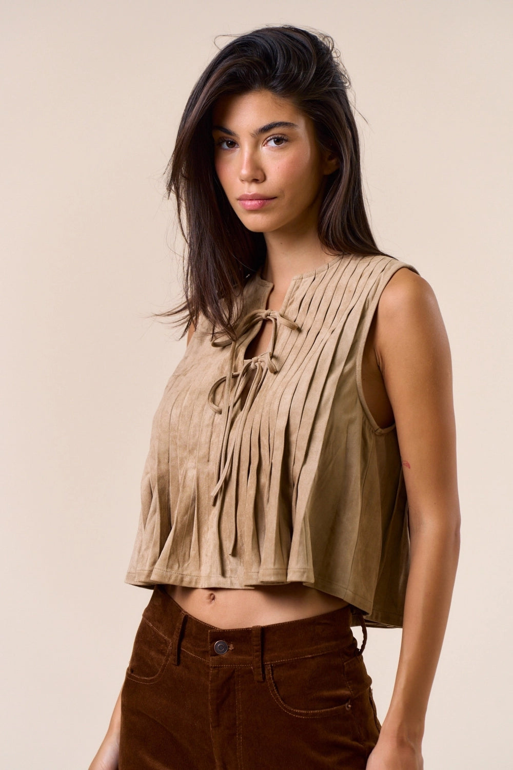 Sleeveless Suede Tie-Front Top