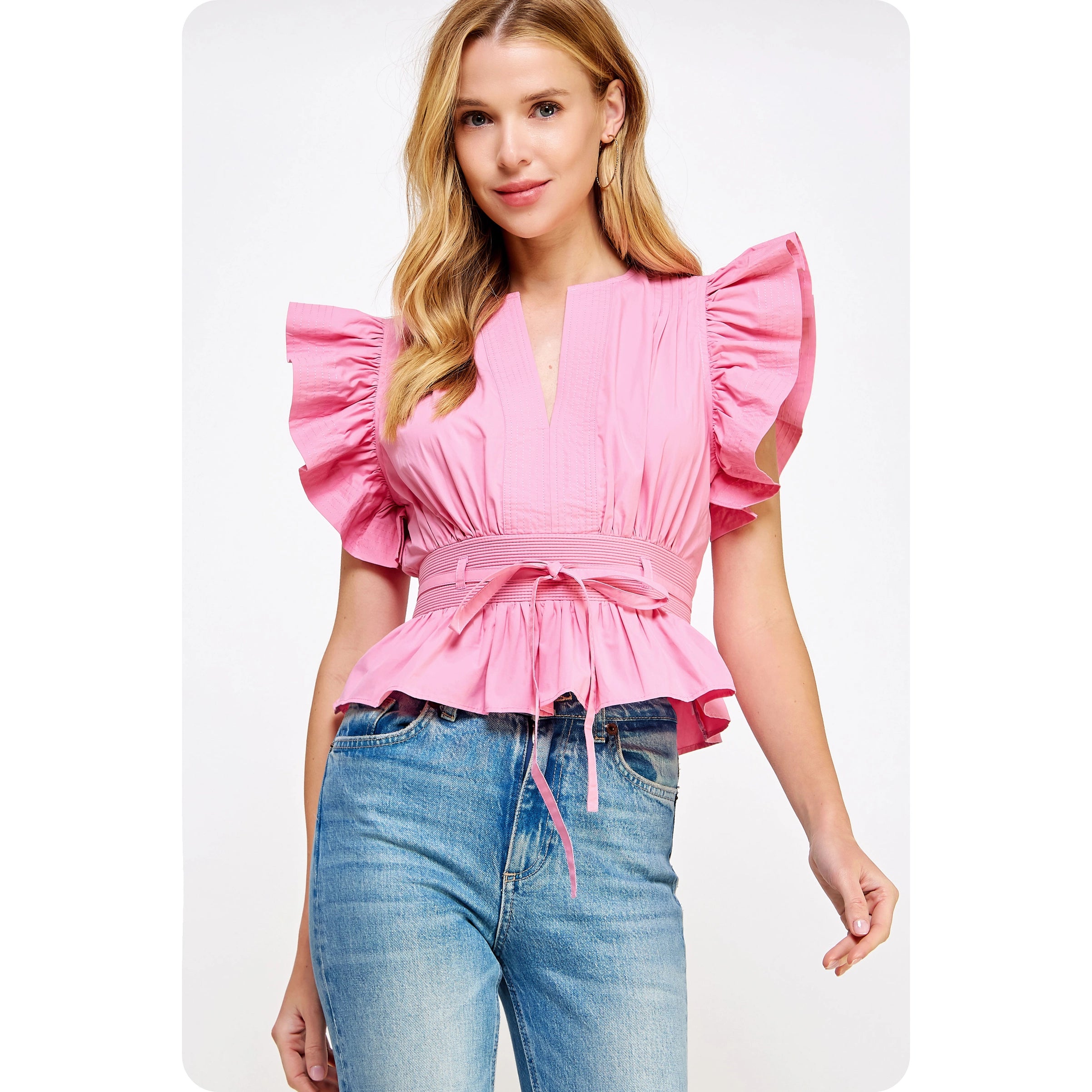 Pink Flutter Sleeve Peplum Poplin Top Pink