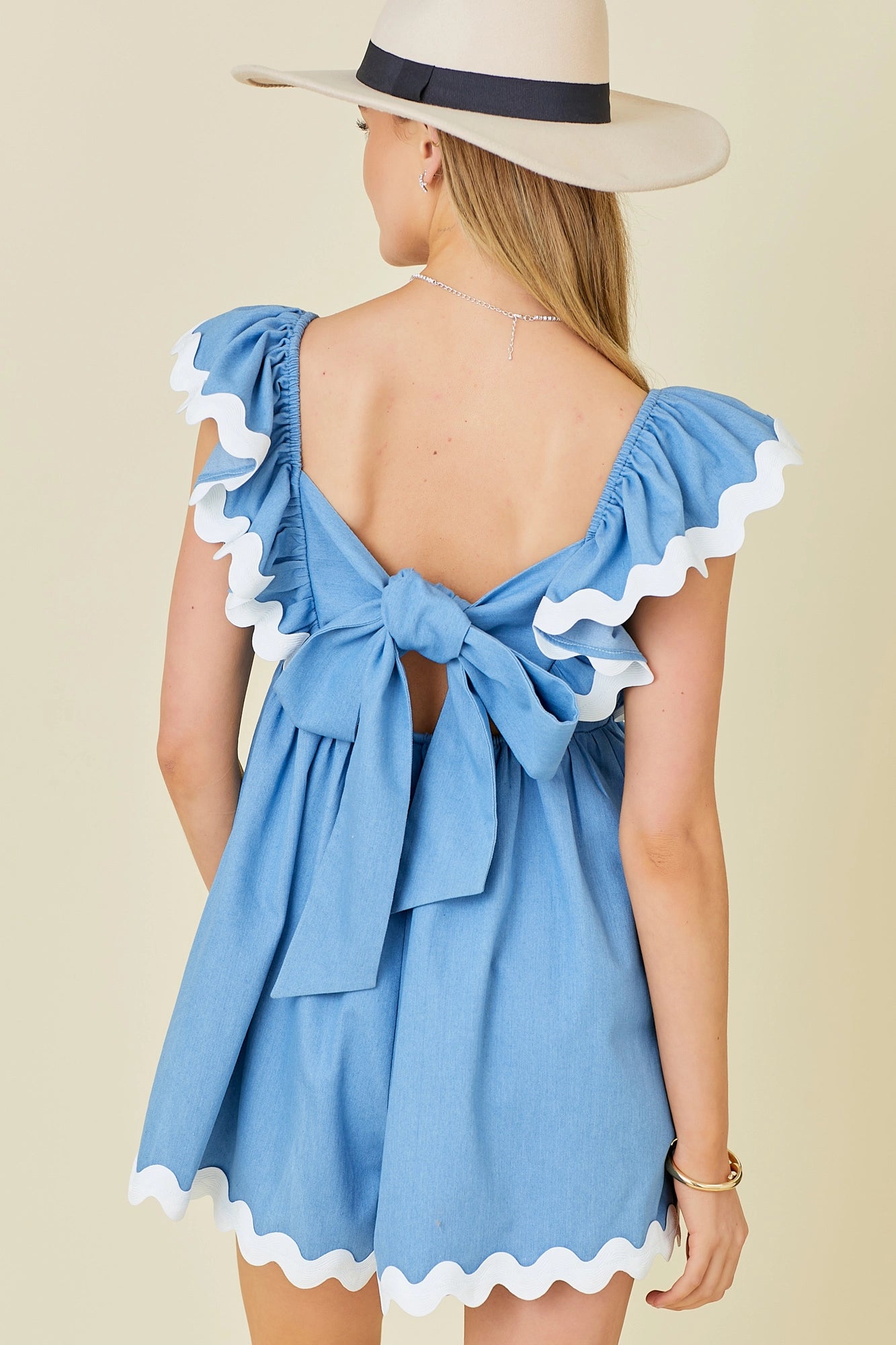 Denim Ruffle Romper W/ Ric Rac Trim