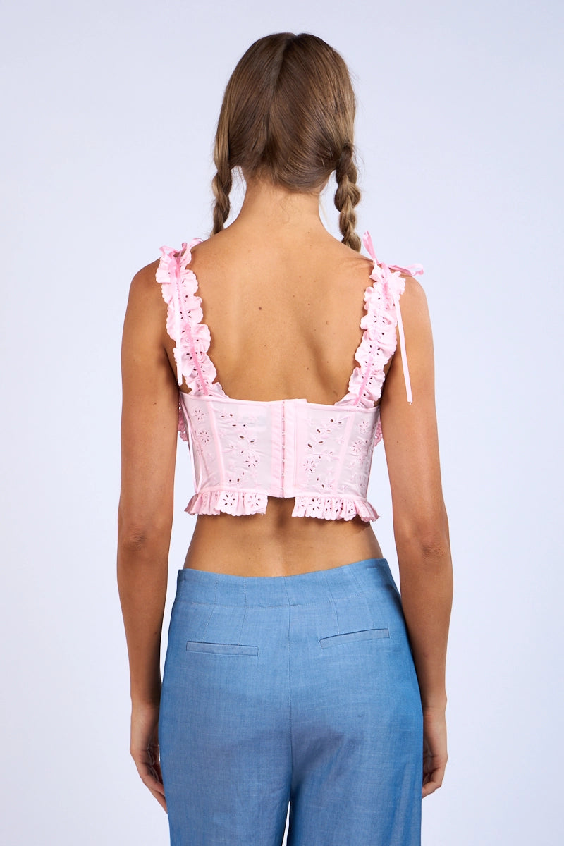 Pink Eyelet Wide Strap Ruffle Crop Top