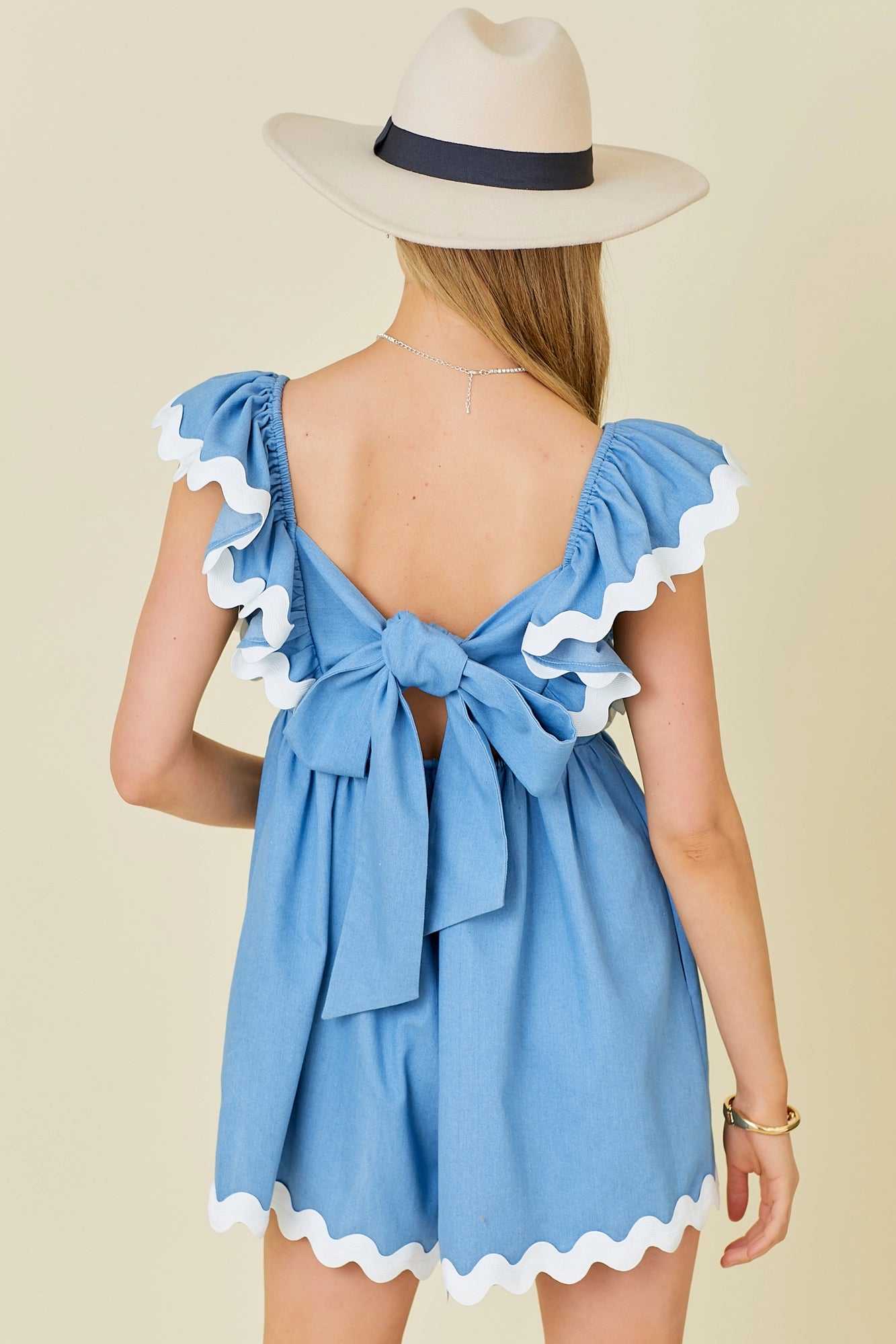 Denim Ruffle Romper W/ Ric Rac Trim