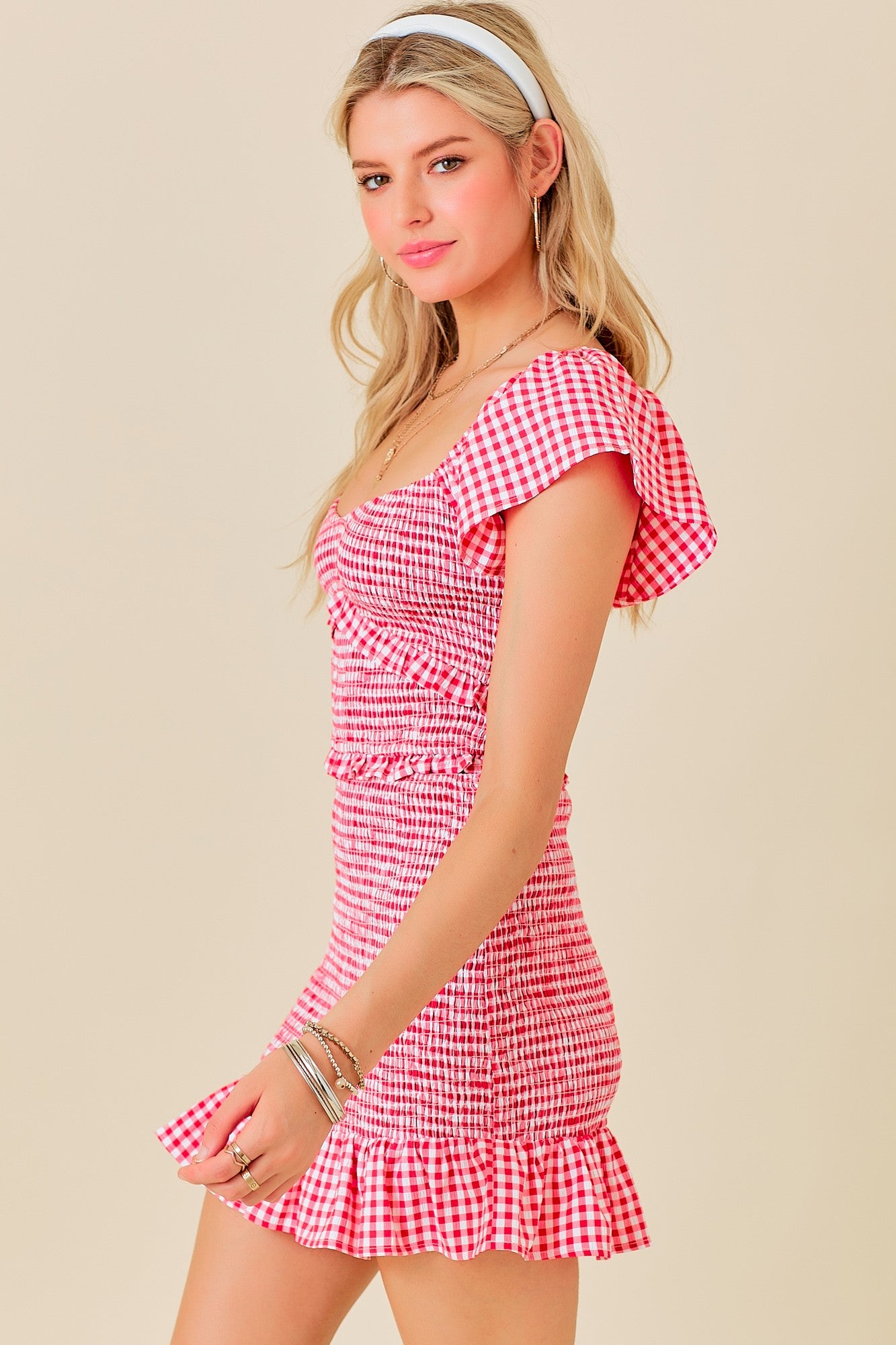 Gingham Sweetheart Neck Top W/ Smocking & Ruffles