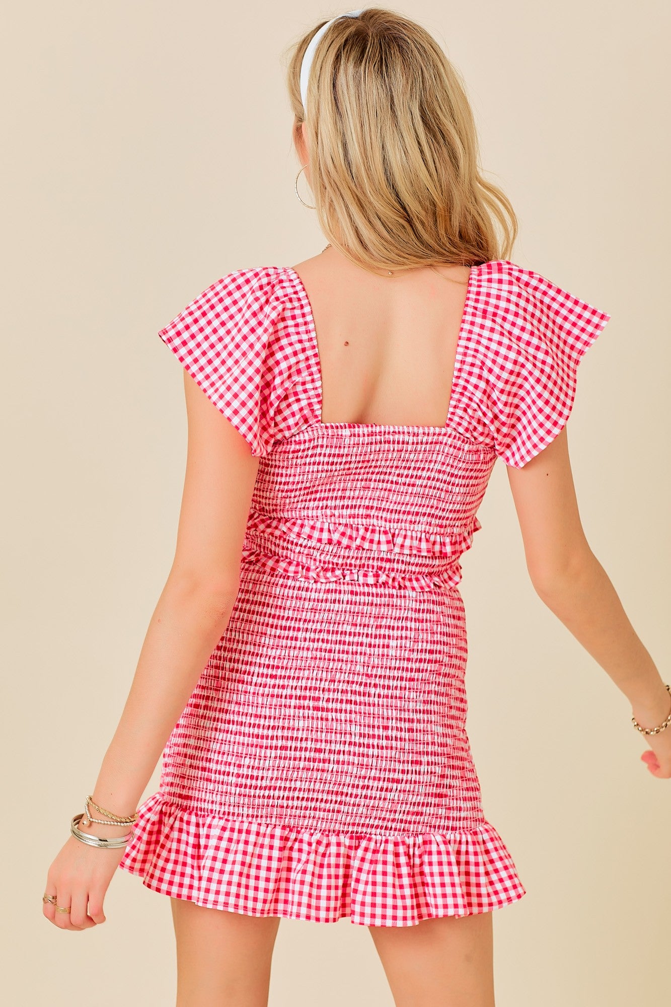 Gingham Sweetheart Neck Top W/ Smocking & Ruffles