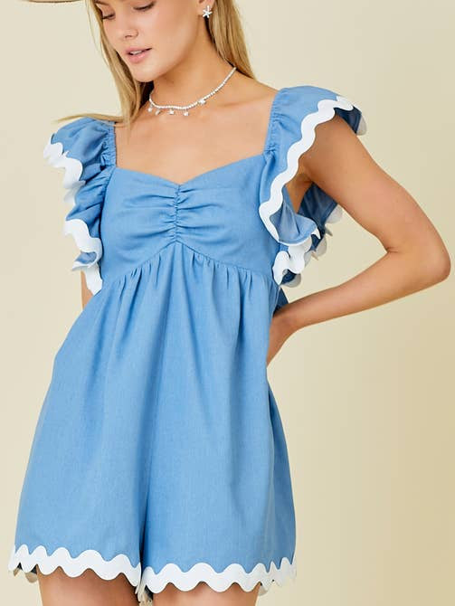 Denim Ruffle Romper W/ Ric Rac Trim