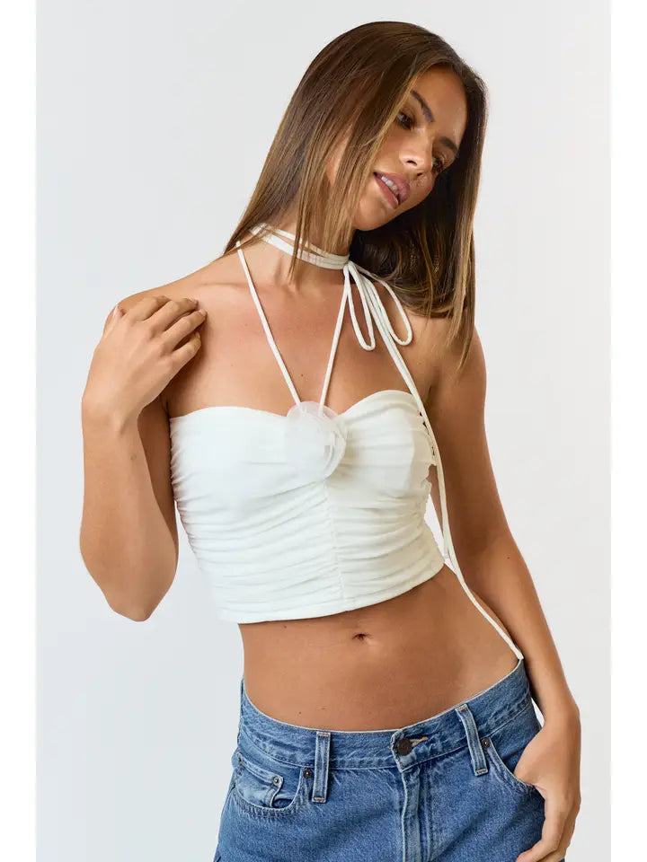 White Strappy Ruching Top with Flower Trim